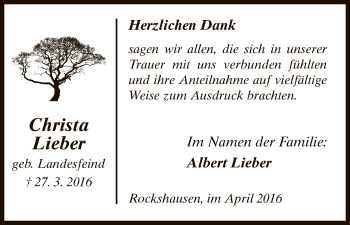 Todesanzeige von Christa Lieber von HNA