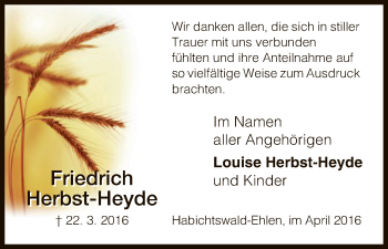 Todesanzeige von Friedrich Herbst-Heyde von HNA