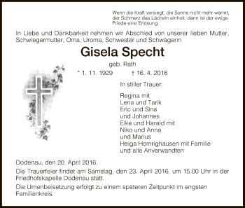 Todesanzeige von Gisela Specht von HNA