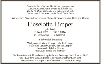 Todesanzeige von Lieselotte Limper von HNA