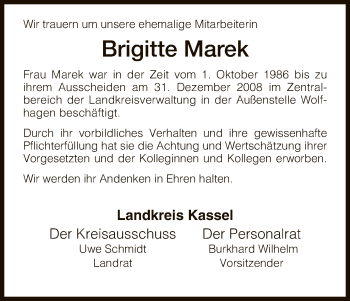 Todesanzeige von Brigitte Marek von HNA