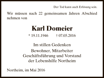 Todesanzeige von Karl Domeier von HNA