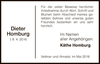 Todesanzeige von Dieter Homburg von HNA
