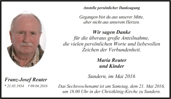 Todesanzeige von Franz-Josef Reuter von HNA