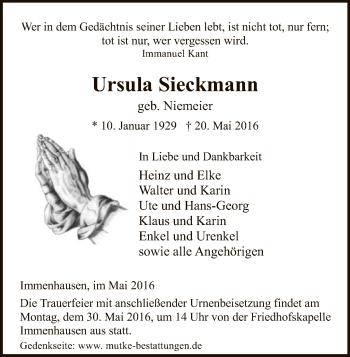 Todesanzeige von Ursula Sieckmann von HNA