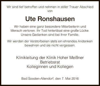 Todesanzeige von Ute Ronshausen von HNA