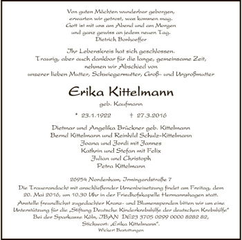 Todesanzeige von Erika Kittelmann von HNA