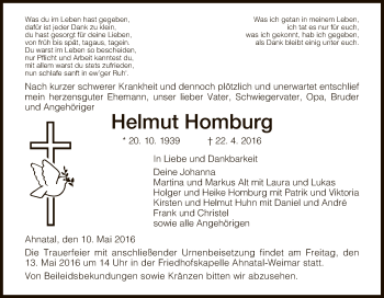 Todesanzeige von Helmut Homburg von HNA