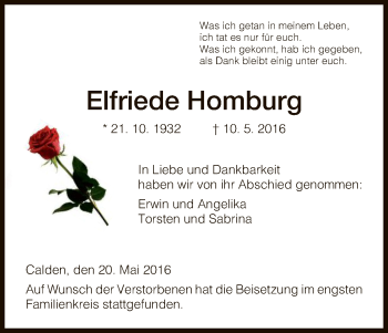 Todesanzeige von Elfriede Homburg von HNA