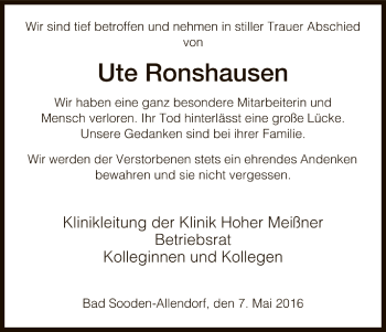 Todesanzeige von Ute Ronshausen von HNA