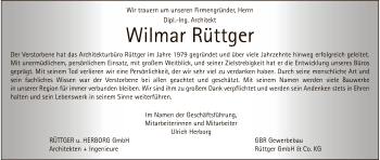 Todesanzeige von Wilmar Rüttger von HNA