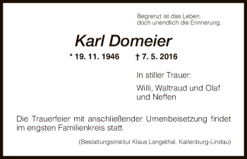 Todesanzeige von Karl Domeier von HNA
