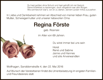 Todesanzeige von Regina Förste von HNA