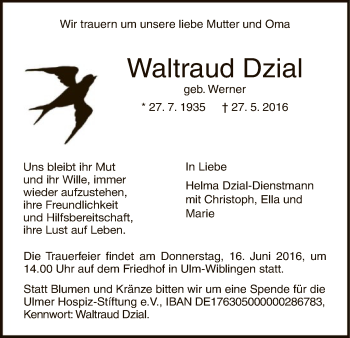 Todesanzeige von Waltraud Dzial von HNA