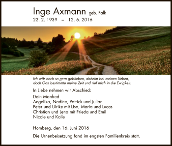 Todesanzeige von Inge Axmann von HNA