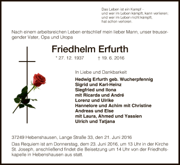 Todesanzeige von Friedhelm Erfurth von HNA