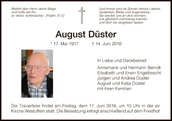 Todesanzeige von August Düster von HNA