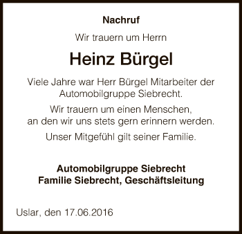 Todesanzeige von Heinz Bürgel von HNA