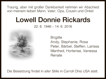 Todesanzeige von Lowell Donnie Rickards von HNA