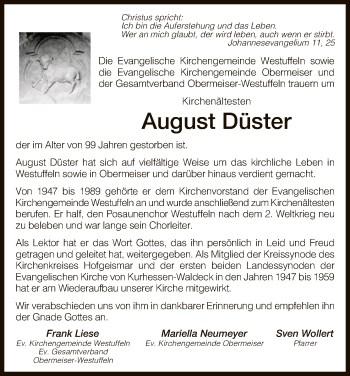 Todesanzeige von August Düster von HNA