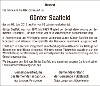 Todesanzeige von Günter Saalfeld von HNA