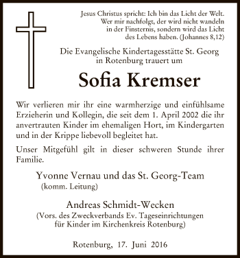 Todesanzeige von Sofia Kremser von HNA