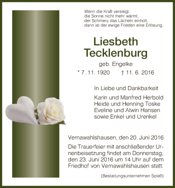 Todesanzeige von Liesbeth Tecklenburg von HNA