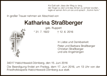 Todesanzeige von Katharina Straßberger von HNA
