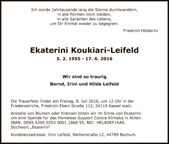 Todesanzeige von Ekaterini Koukiari-Leifeld von HNA