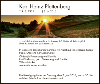 Todesanzeige von Karl-Heinz Plettenberg von HNA