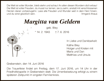 Todesanzeige von Margitta van Geldern von HNA