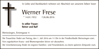 Todesanzeige von Werner Frese von HNA