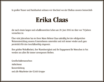 Todesanzeige von Erika Claas von HNA