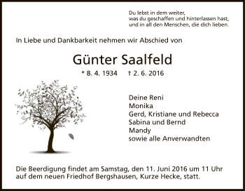 Todesanzeige von Günter Saalfeld von HNA