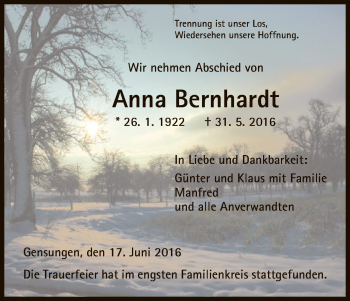 Todesanzeige von Anna Bernhardt von HNA