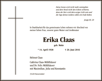 Todesanzeige von Erika Claas von HNA