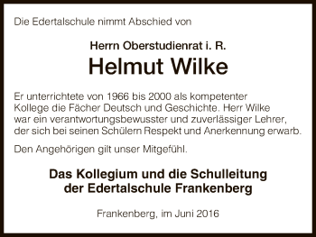 Todesanzeige von Helmut Wilke von HNA