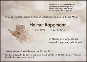 Todesanzeige von Helmut Rappmann von HNA