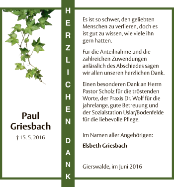 Todesanzeige von Paul Griesbach von HNA