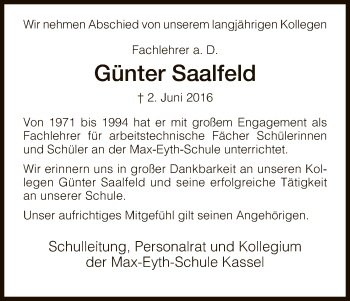 Todesanzeige von Günter Saalfeld von HNA
