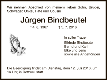 Todesanzeige von Jürgen Bindbeutel von HNA