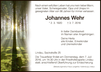 Todesanzeige von Johannes Wehr von HNA
