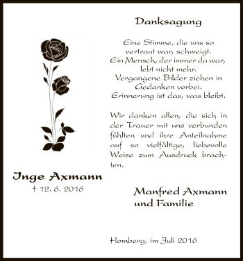 Todesanzeige von Inge Axmann von HNA