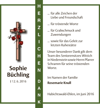 Todesanzeige von Sophie Büchling von HNA