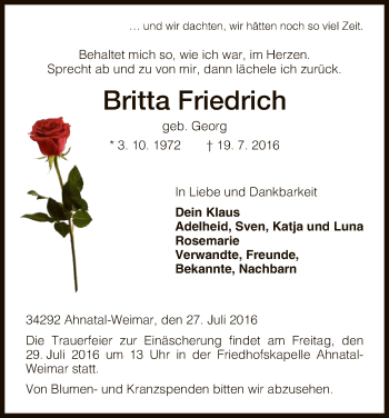 Todesanzeige von Britta Friedrich von HNA