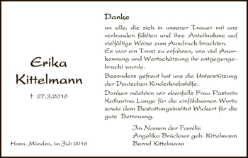 Todesanzeige von Erika Kittelmann von HNA