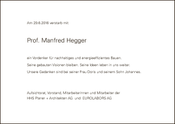 Todesanzeige von Manfred Hegger von HNA