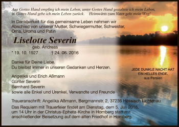 Todesanzeige von Liselotte Severin von HNA