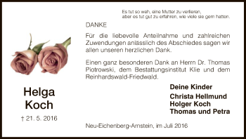 Todesanzeige von Helga Koch von HNA