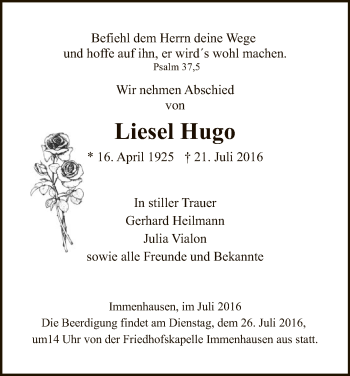 Todesanzeige von Liesel Hugo von HNA
